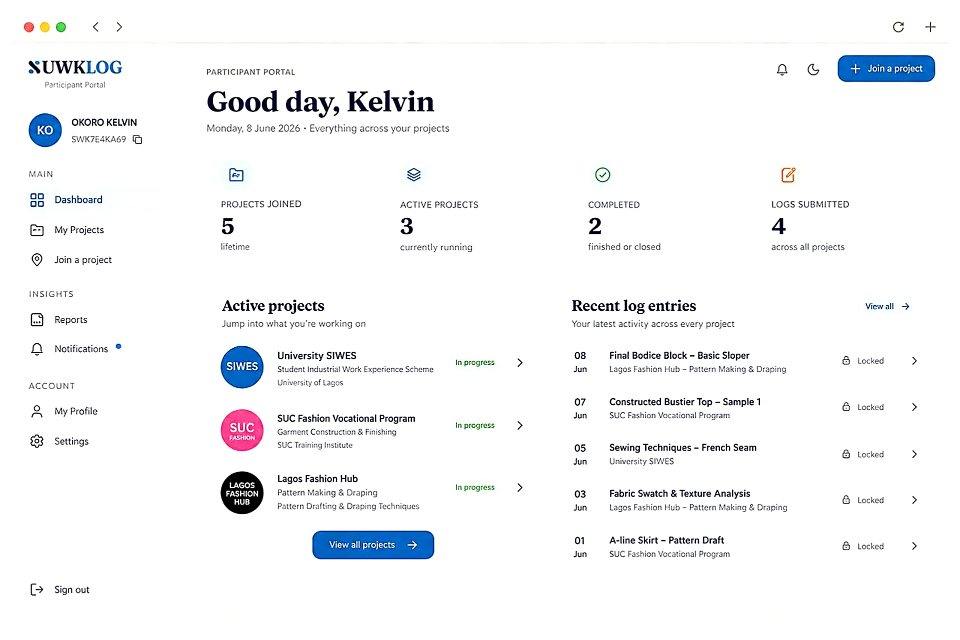 The SUWKLog dashboard