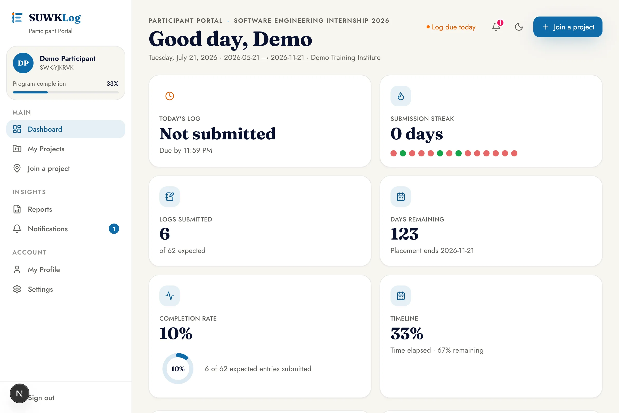 Project overview with a progress bar, days-remaining counter and submission status