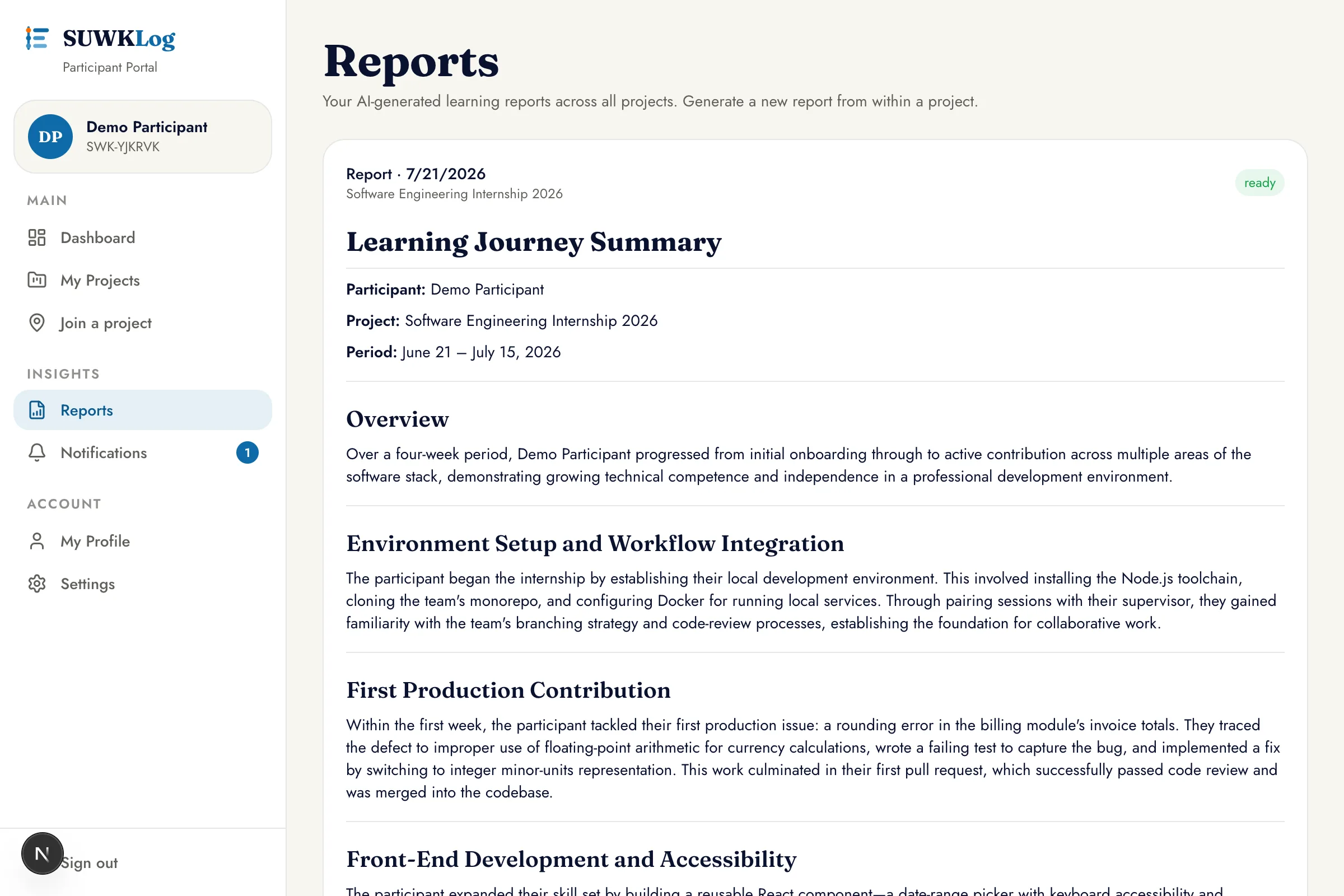 Participant report preview with export buttons for PDF and Excel